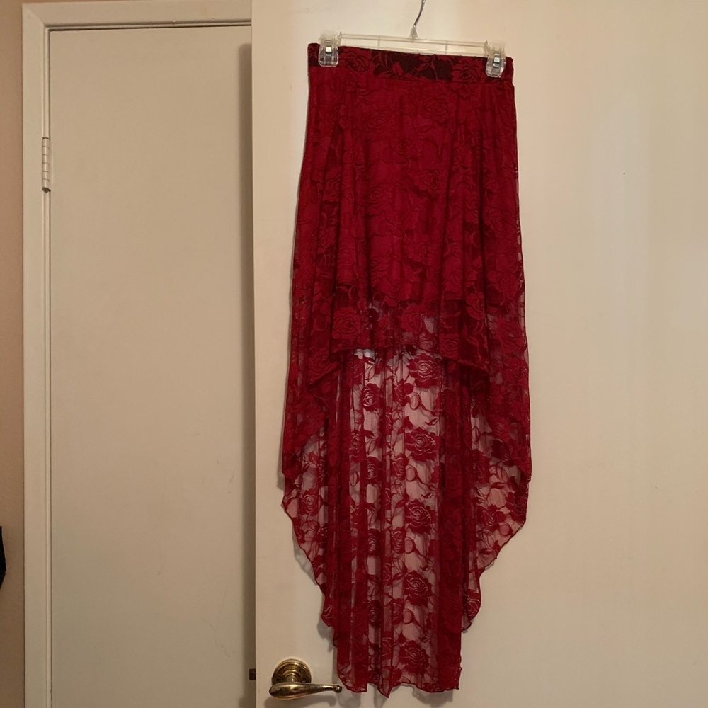 Red high low skirt